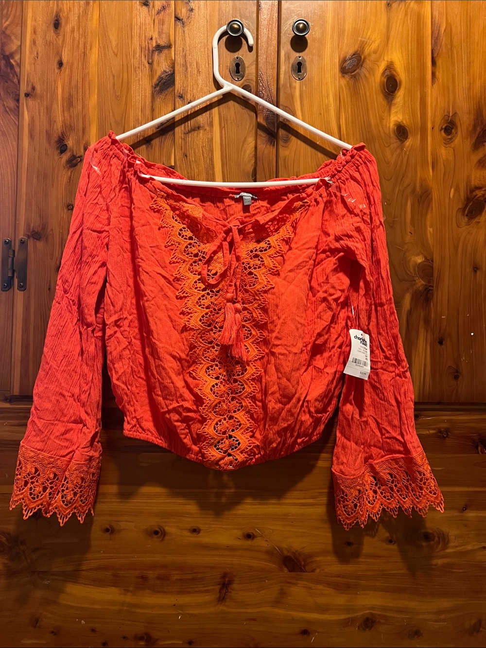 Boho Lace-Trim Off-Shoulder Blouse in Coral Red